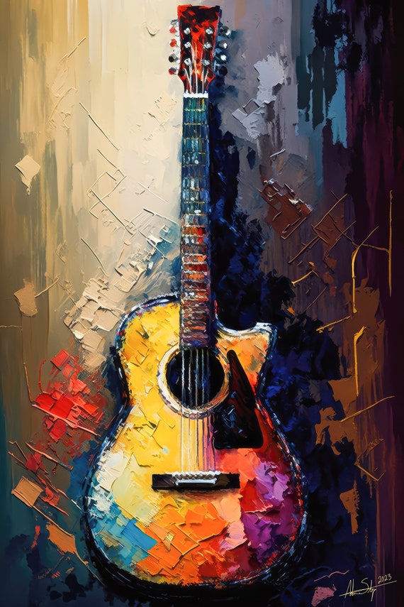 Acoustic Color Guitar Painting Music Prints Palette Knife