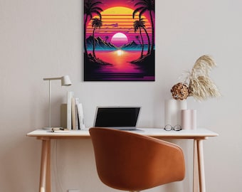 May include: A rectangular wall art print featuring a vibrant sunset over a calm body of water, framed by silhouetted palm trees and distant mountains. The color palette transitions from deep purple and magenta to bright orange and yellow hues.