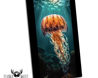 Golden Jellyfish Illuminating the Emerald Abyss: Ocean Aquatic Art