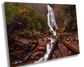 Peut inclure: Une impression murale rectangulaire représentant une haute cascade s'écoulant sur des rochers sombres et stratifiés. La forêt environnante est parée de feuillage automnal aux tons orange et brun, avec des feuilles mortes et des troncs au sol.