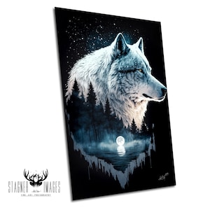 May include: A white wolf with blue eyes is silhouetted against a dark forest with a full moon reflecting on a lake in the foreground. The wolf's fur is detailed with a starry pattern.