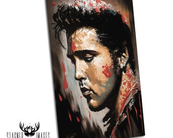 May include: A rectangular art print featuring a textured, painterly portrait of Elvis Presley in profile. The color palette consists of deep black, warm tan, and vibrant red accents. The artwork includes a signature and the year 2021 in the corner.