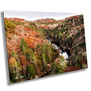 May include: An aerial view of a river winding through a forest with vibrant fall foliage. The trees are a mix of red, orange, yellow, and green. The river is calm and reflects the sky.