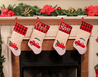 Personalized Christmas Stockings, Customized Holiday Stockings, Personalized Stockings, Red Truck Stockings, Plaid Stockings, Snowflake Gift