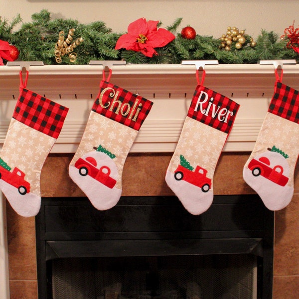 Personalized Christmas Stockings, Customized Holiday Stockings, Personalized Stockings, Red Truck Stockings, Plaid Stockings, Snowflake Gift