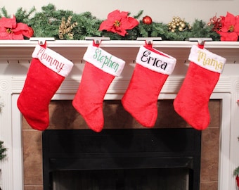 Personalized Christmas Stocking, Red Traditional Stocking, Customized Holiday Stockings, Family Monogram Stocking, Matching Couples Stocking