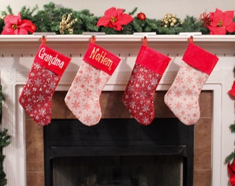 Personalized Christmas Stocking, Customized Holiday Stockings, Custom Burlap Stockings, Red Snowflake Stockings Kids, Farmhouse Rustic Decor