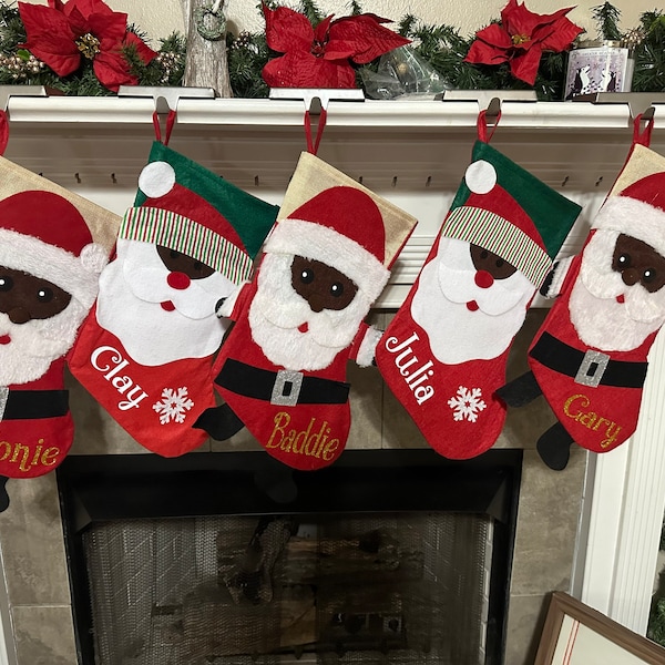 Personalized Christmas Stockings, African Santa, Customized Christmas Stocking, Custom Holiday Stockings, Family Christmas Stockings