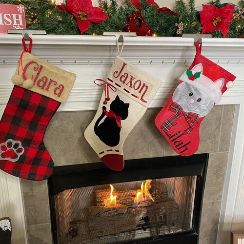 Personalized Cat And Dog Christmas Stocking, Customizable Name 17'' Pet Stocking, Black Cat And Dog Pattern Christmas Stocking, Home Mantel Holiday