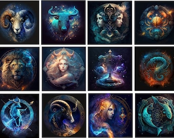 Signos del Zodíaco, Impresión de arte digital, Generado por IA, Arte de pared, Arte de IA, Descarga digital, Decoración del hogar, Imprimible
