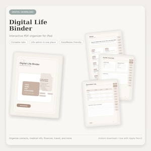 Puede incluir: Digital Life Binder para iPad. La imagen muestra un planificador digital con pestañas PDF interactivas. El planificador incluye secciones para el hogar, la descripción general del perfil y el registro de documentos. El texto dice: "Organice contactos, información médica, finanzas, viajes y más."
