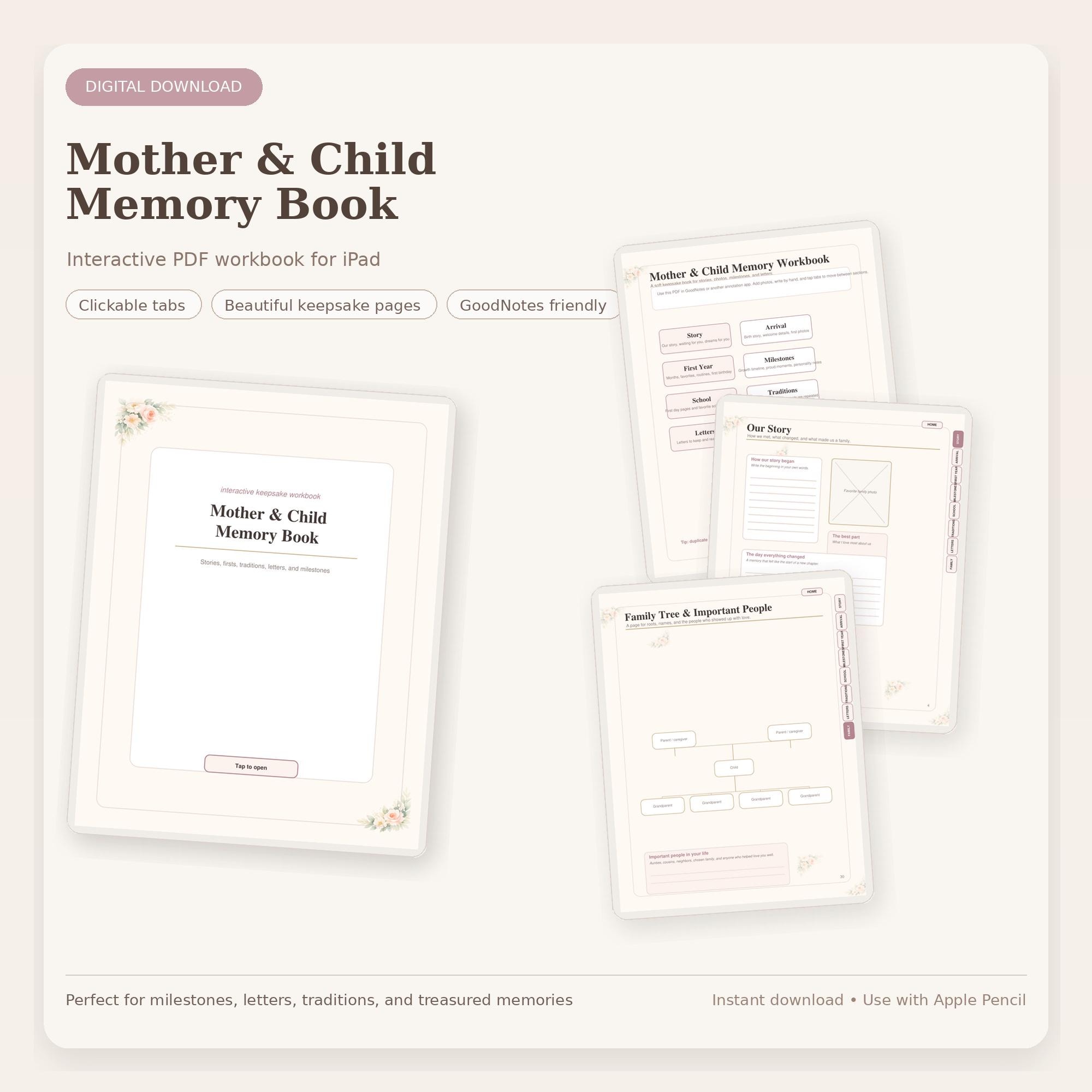 Mother and Child Digital Memory Book for Ipad, Interactive PDF Keepsake ...