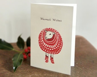 Sheep in Christmas Jumper -Warmest Wishes- Card A6