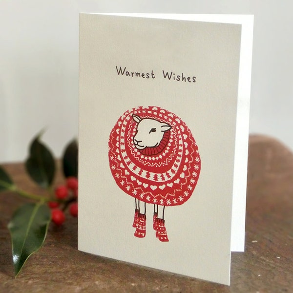 Sheep in Christmas Jumper -Warmest Wishes- Card A6