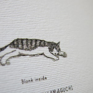 Pu&ograve; includere: Un'illustrazione in bianco e nero di un gatto che dorme su uno sfondo bianco. Il testo "Blank inside" e "YAMAGUCHI" sono visibili sotto il gatto.