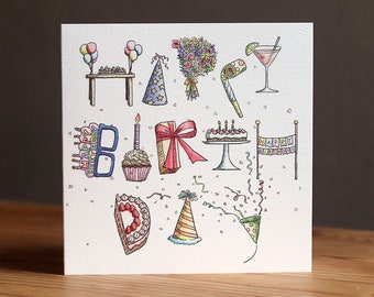 Happy Birthday Card - Birthday Party Alphabet Card (148mm x 148mm)