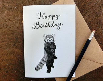 Carte d'anniversaire clarinette panda roux A6