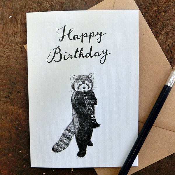 Red Panda Clarinet Birthday Card A6