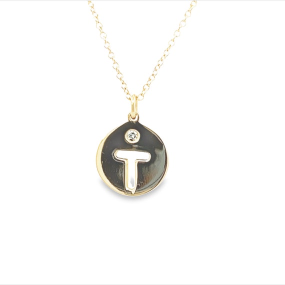 14k yellow gold Initial T Disc Necklace with Diam… - image 2