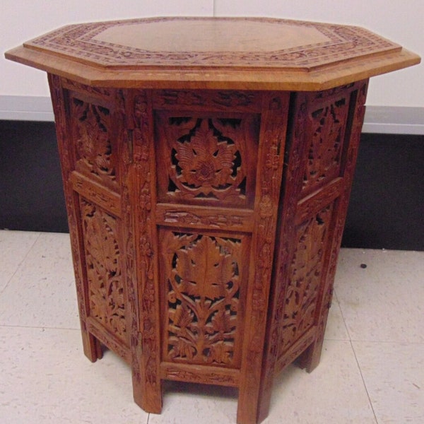 VTG Octagon Carved Mango Wood Folding End Table 18"x18" Made In India JC675-F