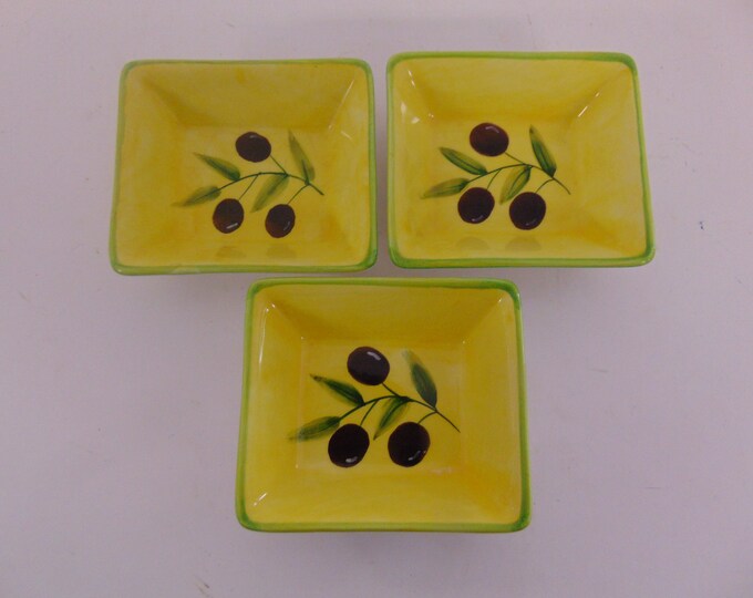 Set of 3 Dipping Bowls Olive Oil Yellow Hand Painted Olive Branch 3