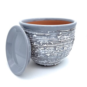 May include: A grey ceramic planter with a white textured design. The planter has a matching saucer.