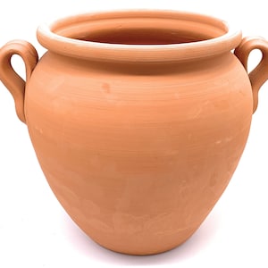 May include: A terracotta planter with two handles. The planter is a light brown colour and has a smooth, slightly textured surface.