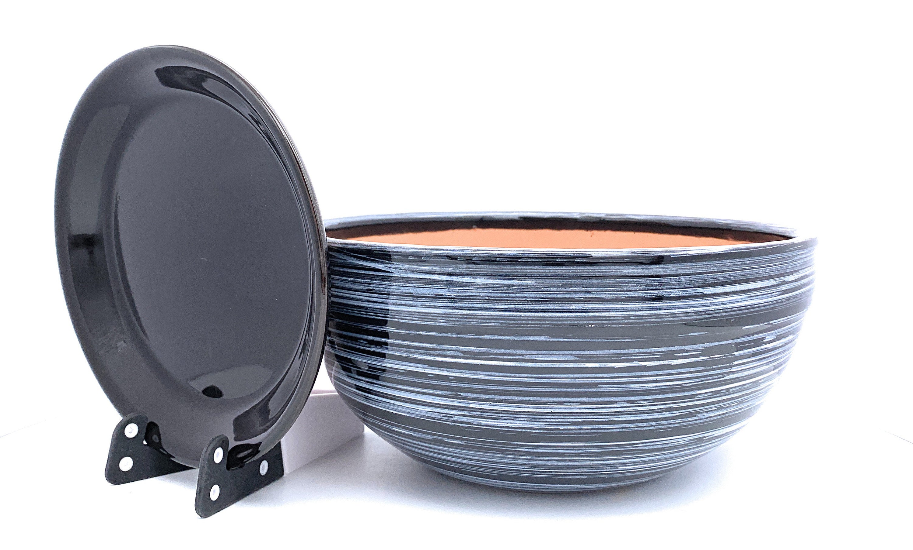 Glazed Ceramic Shallow Flower Pot With Saucer Black Round Etsy UK