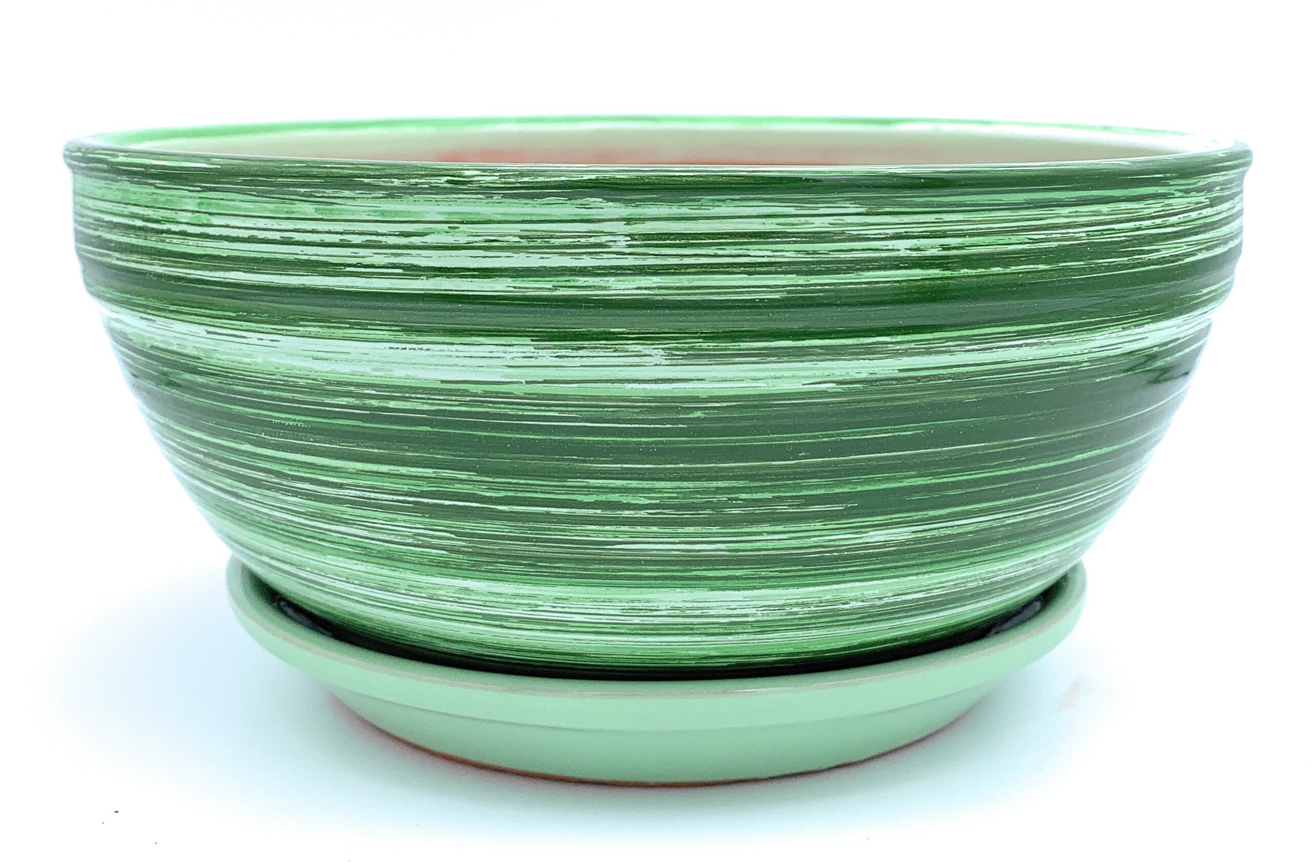 Glazed Ceramic Shallow Flower Pot with Saucer Green Round Etsy