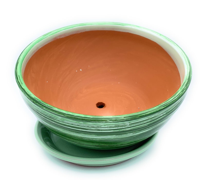 Glazed Ceramic Shallow Flower Pot with Saucer Green Round Etsy