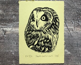 Short-eared Owl limited edition linocut print - on handmade, recycled paper