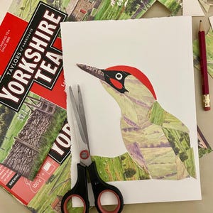 K&ouml;nnte beinhalten: Eine handgefertigte Collage eines Gr&uuml;nspechts mit rotem Kopf, hergestellt aus recycelten Materialien. Das Kunstwerk befindet sich auf wei&szlig;em Papier, mit einer Schere und einem Bleistift daneben. Der Hintergrund zeigt eine Yorkshire Tea-Box.