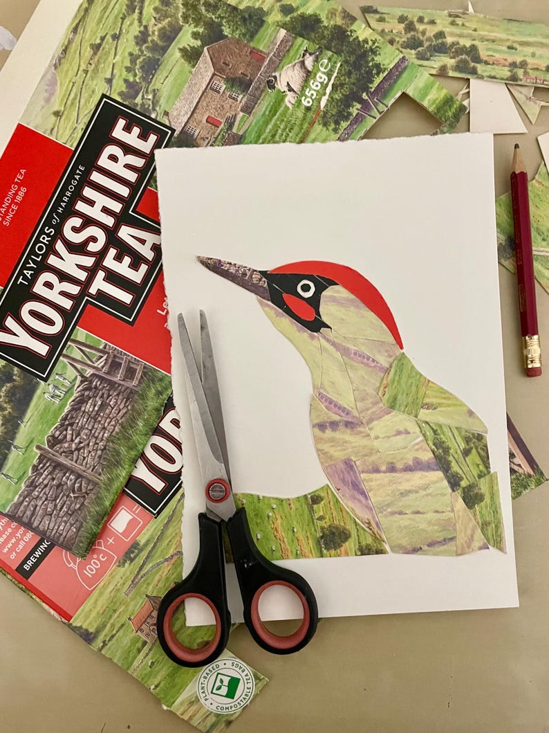 K&ouml;nnte beinhalten: Eine handgefertigte Collage eines Gr&uuml;nspechts mit rotem Kopf, hergestellt aus recycelten Materialien. Das Kunstwerk befindet sich auf wei&szlig;em Papier, mit einer Schere und einem Bleistift daneben. Der Hintergrund zeigt eine Yorkshire Tea-Box.