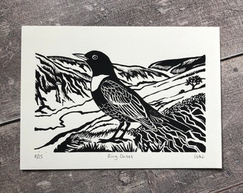 Ring Ouzel bird linocut print - handmade, limited edition