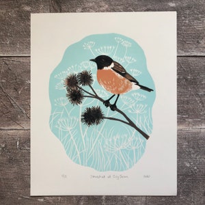 Stonechat linocut print – handmade, limited edition