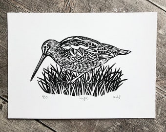 Snipe linocut print | Original art | Handmade, limited edition