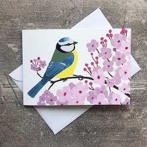 Blaumeise und Kirschblüten Grußkarte | Gartenvogel Karte