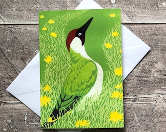 Tarjeta de felicitación de pájaro carpintero verde (en blanco por dentro)