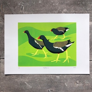 Moorhens linocut print | Original art | Handmade, limited edition