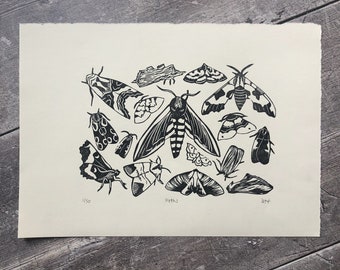 Summer moths handmade linocut print - original art