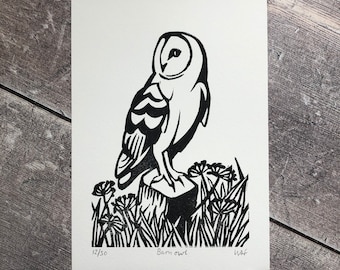 Barn Owl bird linocut print - hand-pulled, limited edition