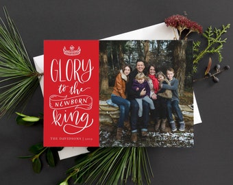 Christian Christmas Cards - Christmas Card Template - Instant Download - Corjl - Glory to the Newborn King - Hand Lettered Cards