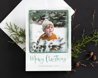 Christmas Photo Card - Holiday Template - Photo Card Template - Corjl - Instant Download - Watercolor Merry Christmas Card