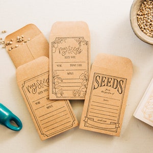 May include: Four brown paper seed packets with labels that say "my seeds" and "seeds from the garden of". The labels have space to write the year, seed type, plant date, and notes. There are also some seeds scattered on the table.