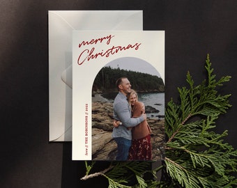 Arc Christmas Card Template - Personalized Photo Holiday Card - Instant Download - Corjl - Arch - Cream and Cranberry Red