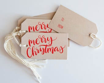 8 Hand Lettered Merry Christmas Gift Tags - Happy Holidays - Kraft Christmas Packaging - Hanging Tags