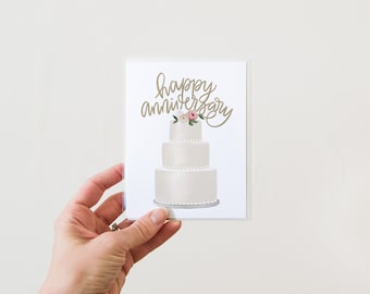 Wedding Anniversary Card - Marriage Card - Anniversary Card - Happy Anniversary - Wedding Cake - Hand-Lettered - Congrats - Folded Card