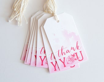 Pink Hand Lettered Packaging Tags - Wedding or Birthday Favor Tags - Watercolor Flower Thank You Gift Tags