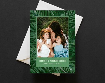 Personalized Photo Holiday Card - Pine Branch Christmas Card Template - Instant Download - Corjl - Pine Tree - Forest Green