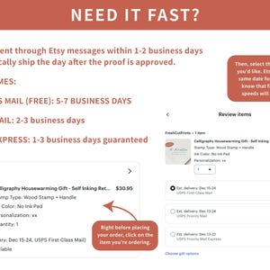 The image is a screenshot of an online shopping interface, specifically a product review page for a calligraphy housewarming gift. The page displays various product options, including a stamp type, wood stamp, and a hand-carved wooden stamp. The page also provides information about the delivery times and costs for these items.